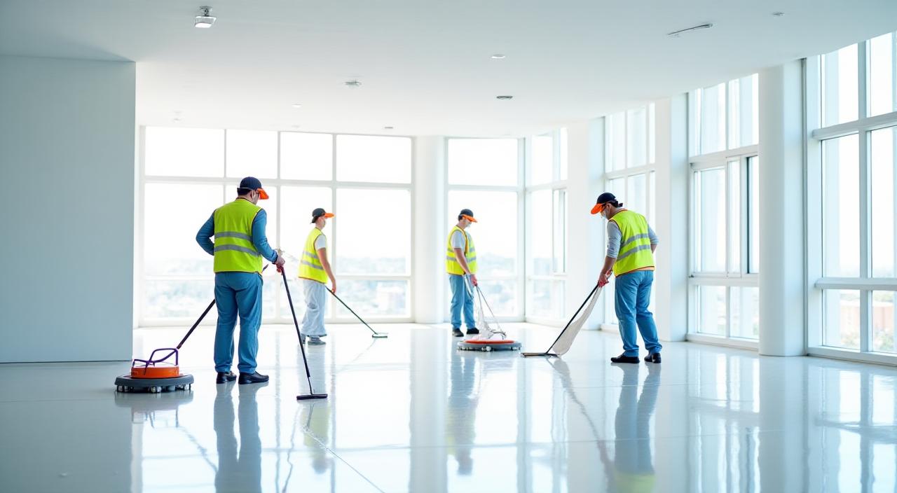 Personal de limpieza profesional trabajando en un edificio recién construido